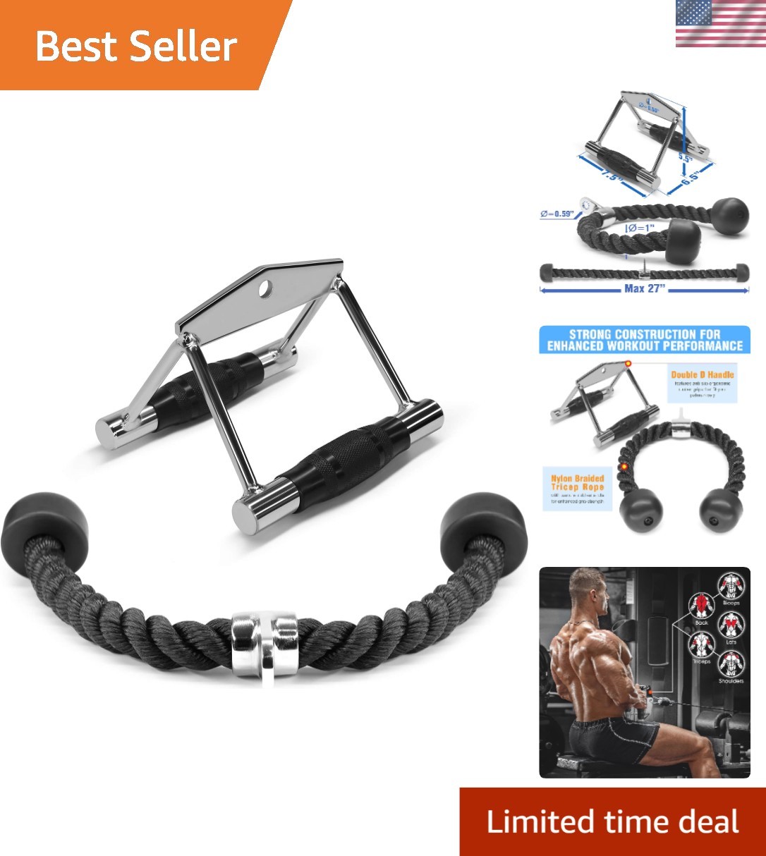 2-Piece Cable Machine Attachment Set: Double D Handle & Tricep Rope for Home Gym
