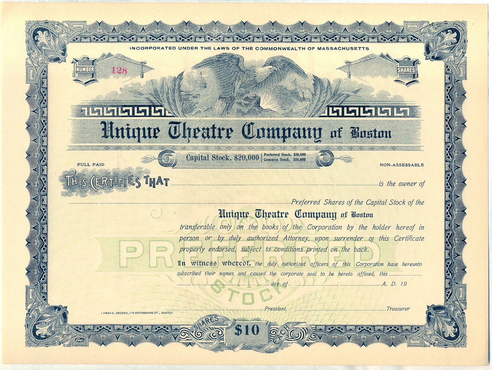 Unique Theatre Company of Boston Stock Certificate Massachusetts