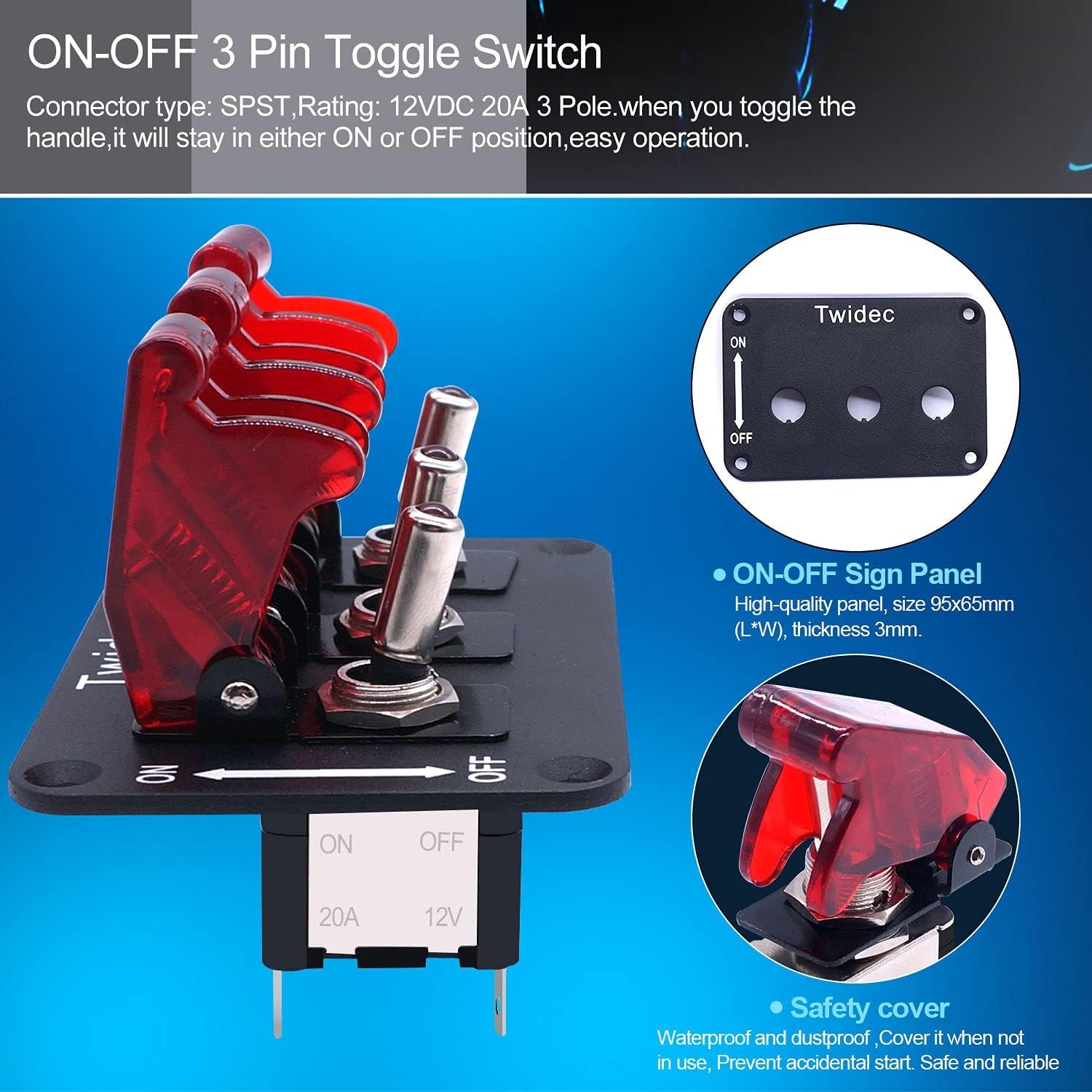 3 Gang Rocker Toggle Switch Panel with 12V LED Light Toggle Switch 20A Heavy Dut