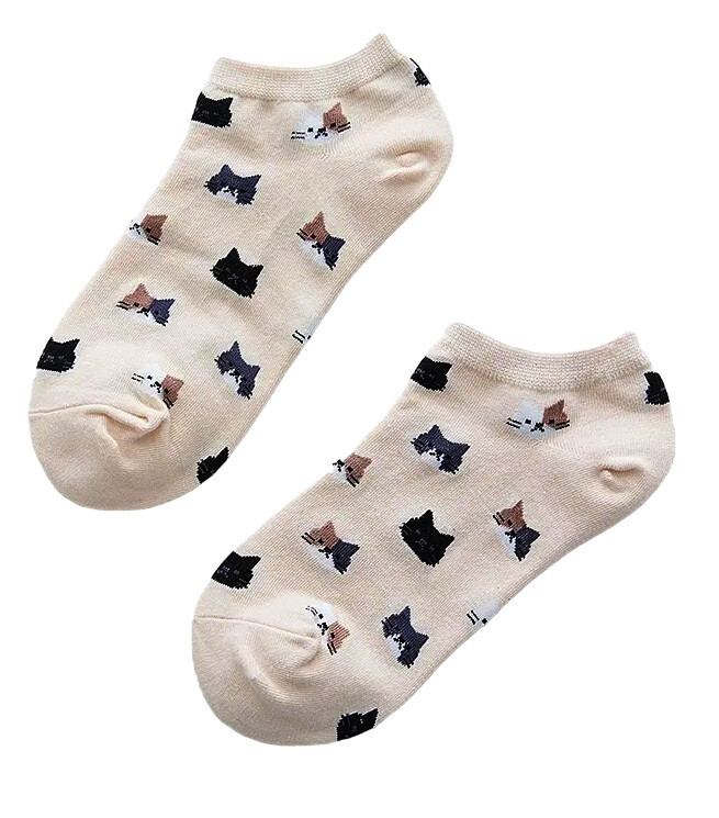 CUTE CATS Womens Beige Low Cut Trainer Socks | One Size UK 4-7 EU 36-40