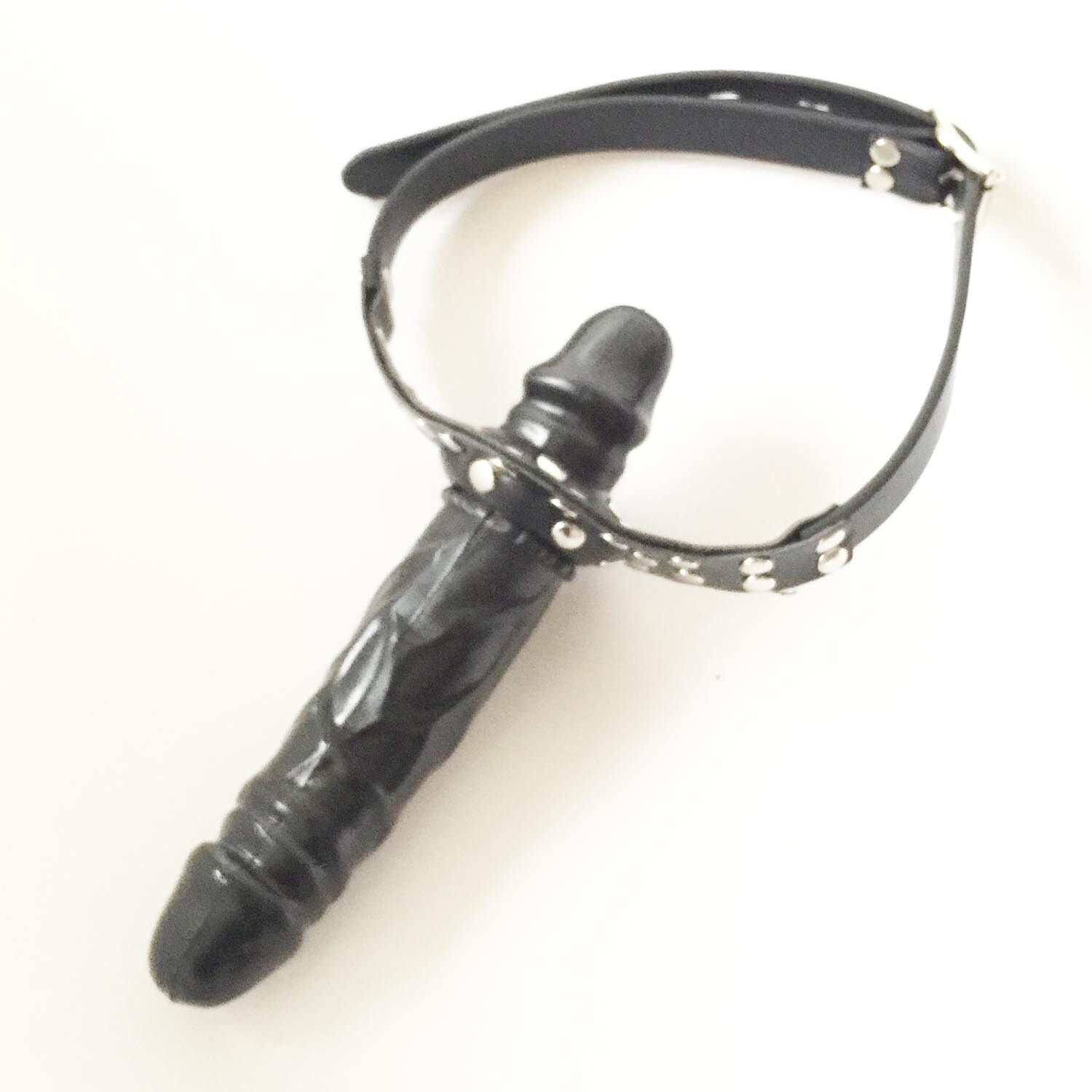 Open Mouth Gag Two Headed Long Plug Restriant Studded Harness Lockable BDSM PU