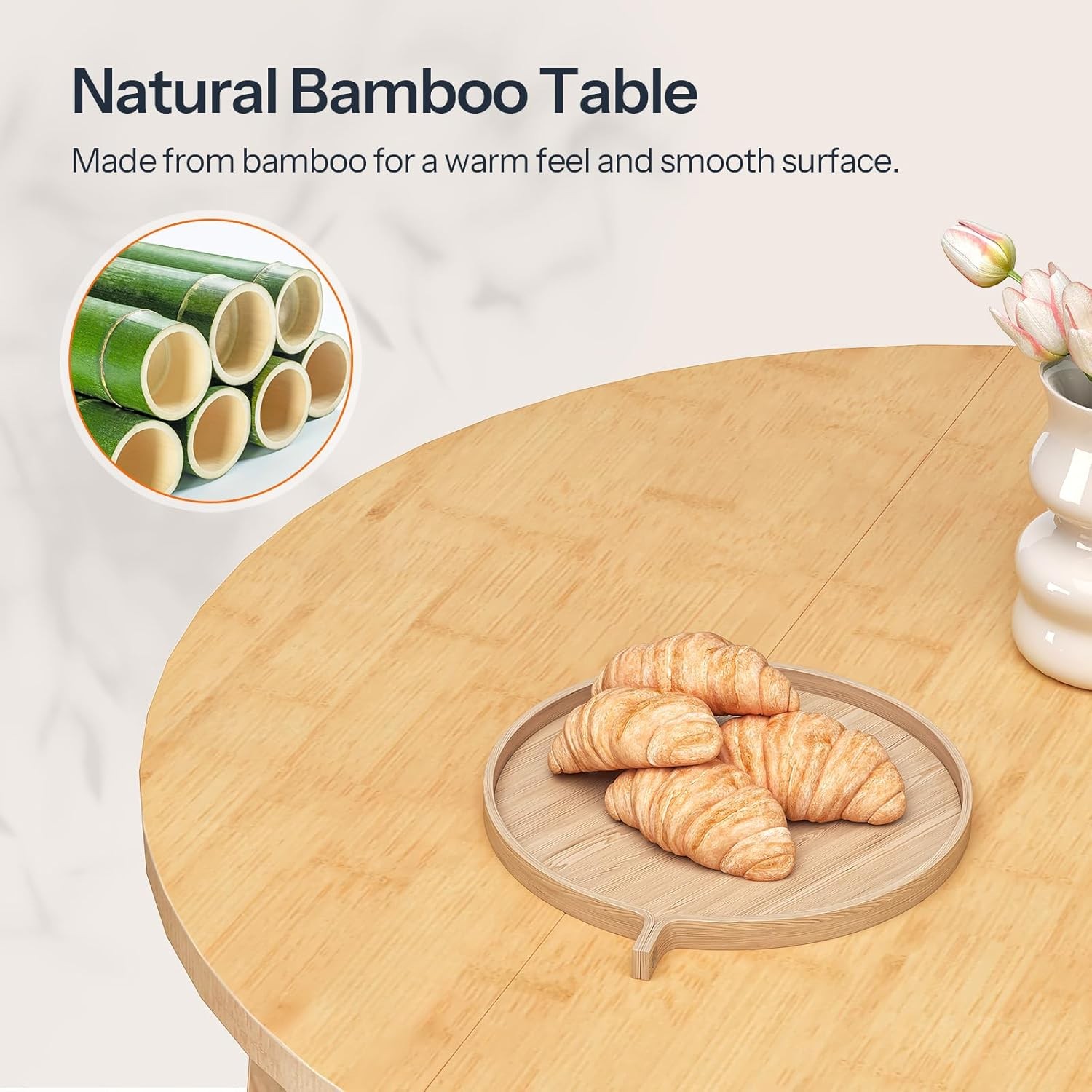 Bamboo Dining Table Round Dining Table 35.4" Kitchen Table for Small Space
