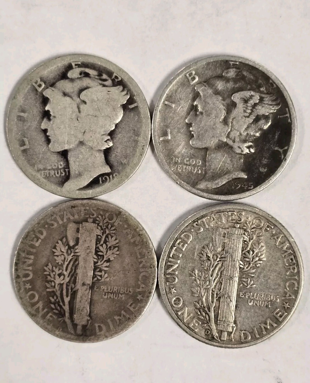 140CD2104 LOT OF 4 MERCURY DIMES 1918-1945 DENVER 10c COINS AG-VG 81+ YEARS OLD!