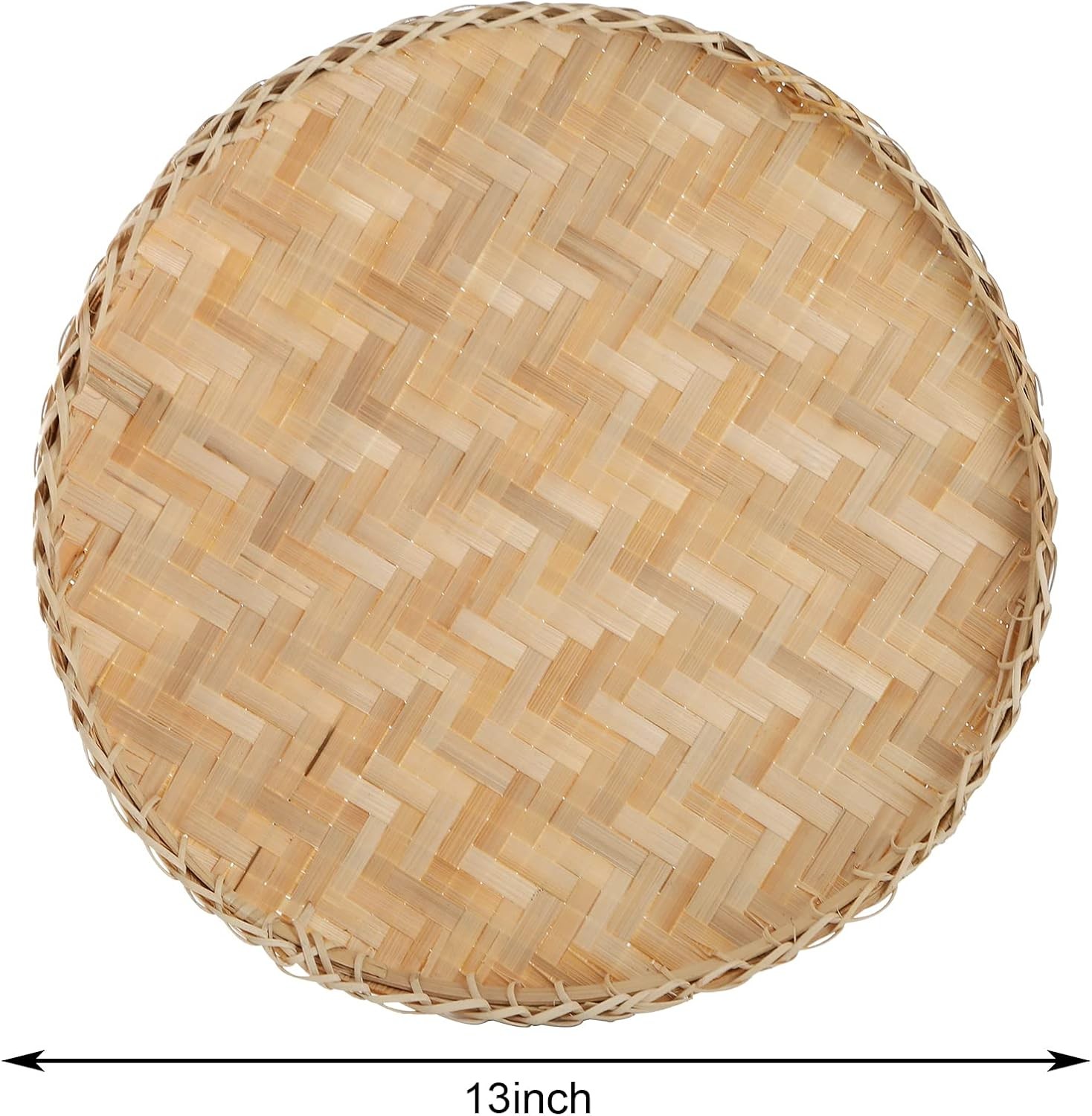 Handmade Woven Bamboo Basket Tray 13 Inch Round Flat Shallow Storage Serving for