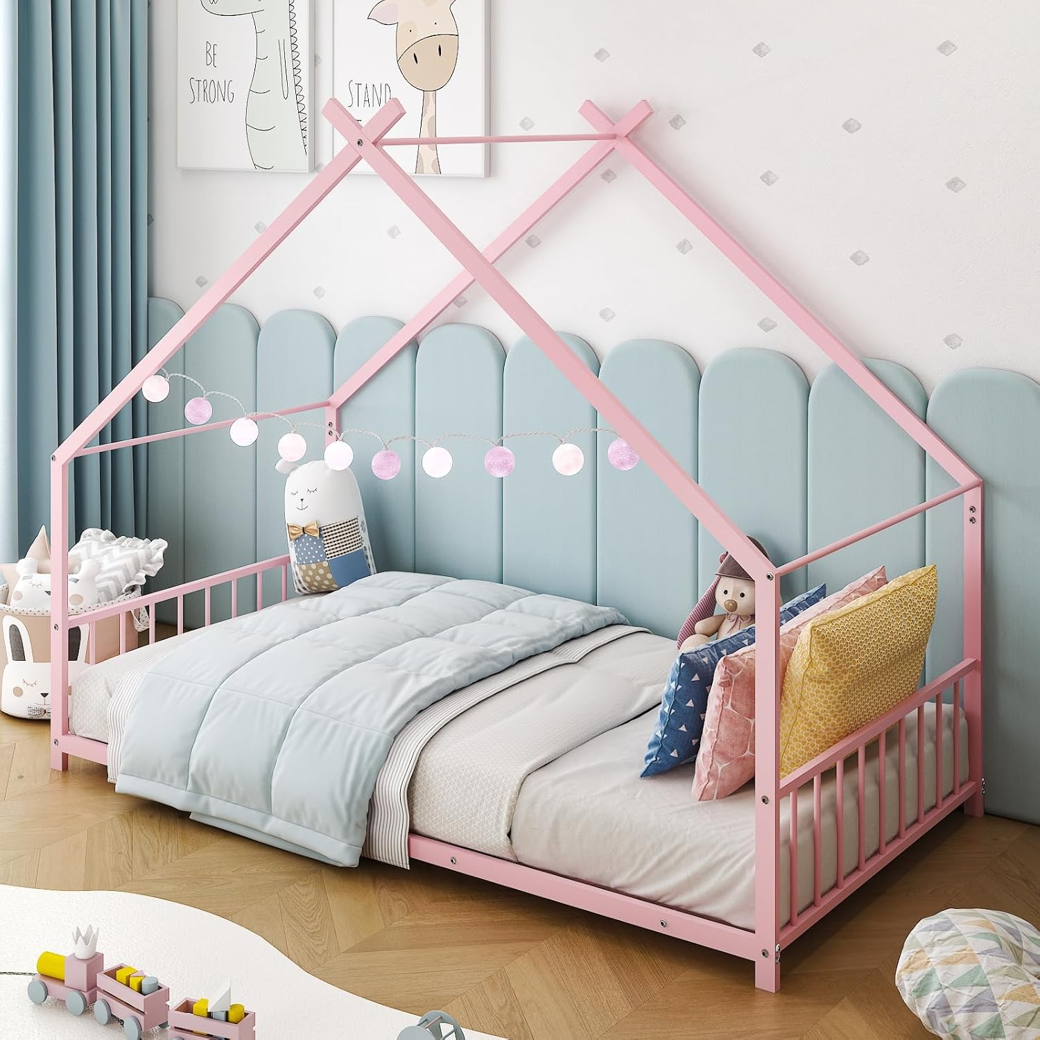 Twin Size Toddler Floor Bed,Metal Montessori Bed with Slats & Fence,Roof/ House