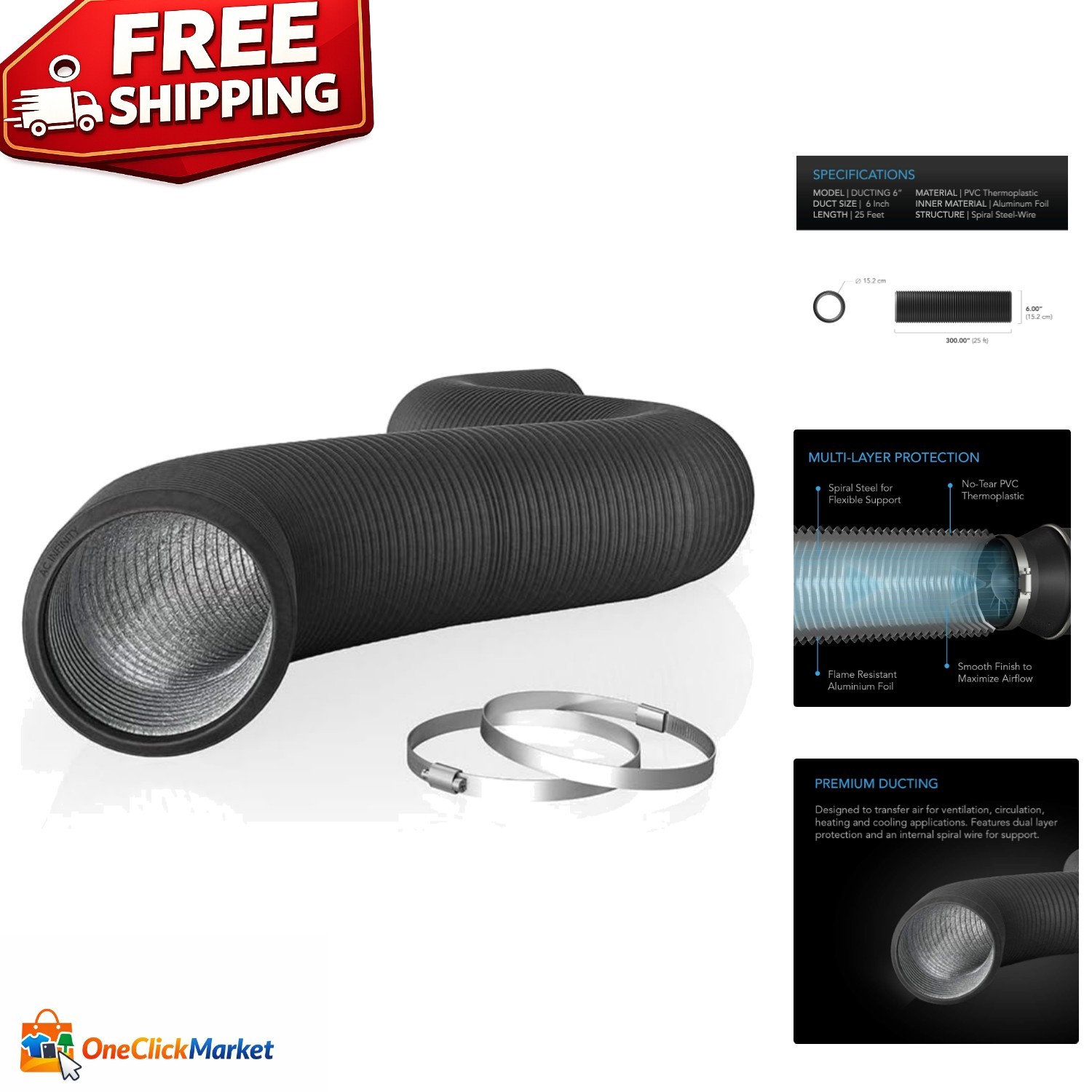 Versatile 6-Inch Aluminum Ducting, 25 Feet with 4-Layer Durability for HVAC Use