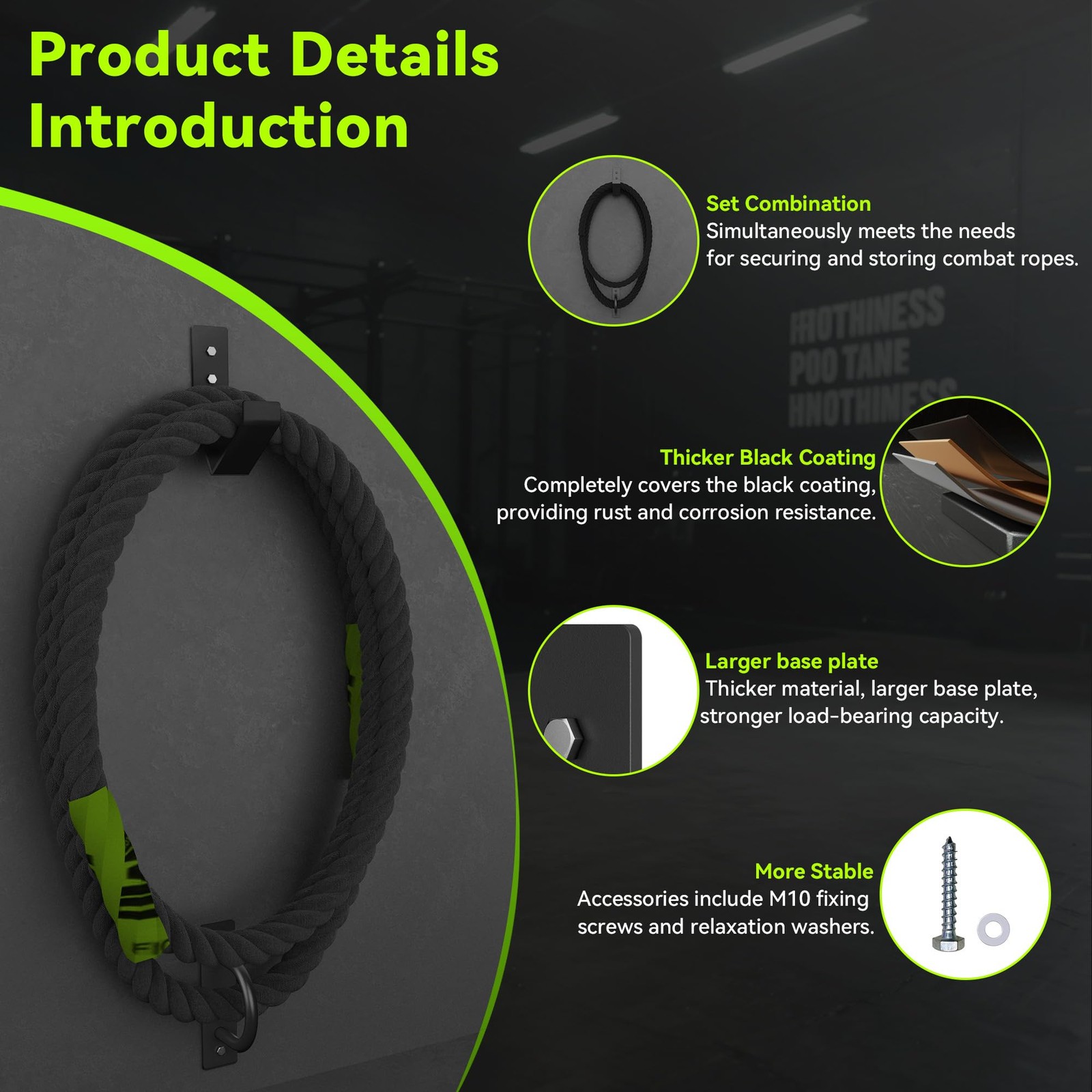 Heavy Duty Battle Rope Wall Anchor with Storage Hook Includes Screws & Washers