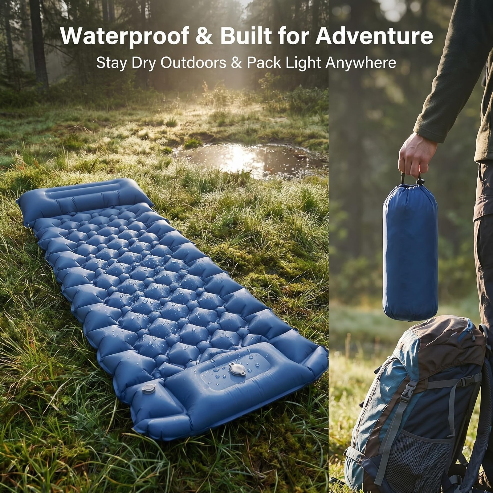 Sleeping Pad R-Value 3.0, 4” Thick Backpacking Sleeping Pad with Built-in Foo...