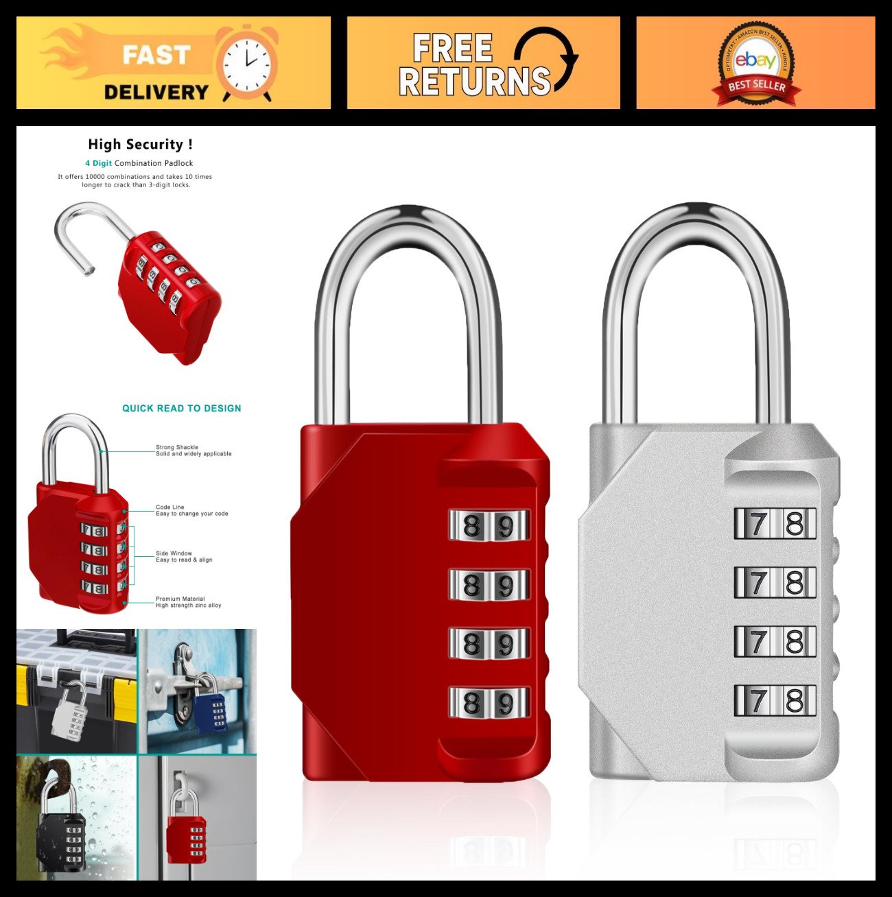 4 Digit Combination Padlock 2 Pack - Waterproof Gym & School Locker Lock - Silve