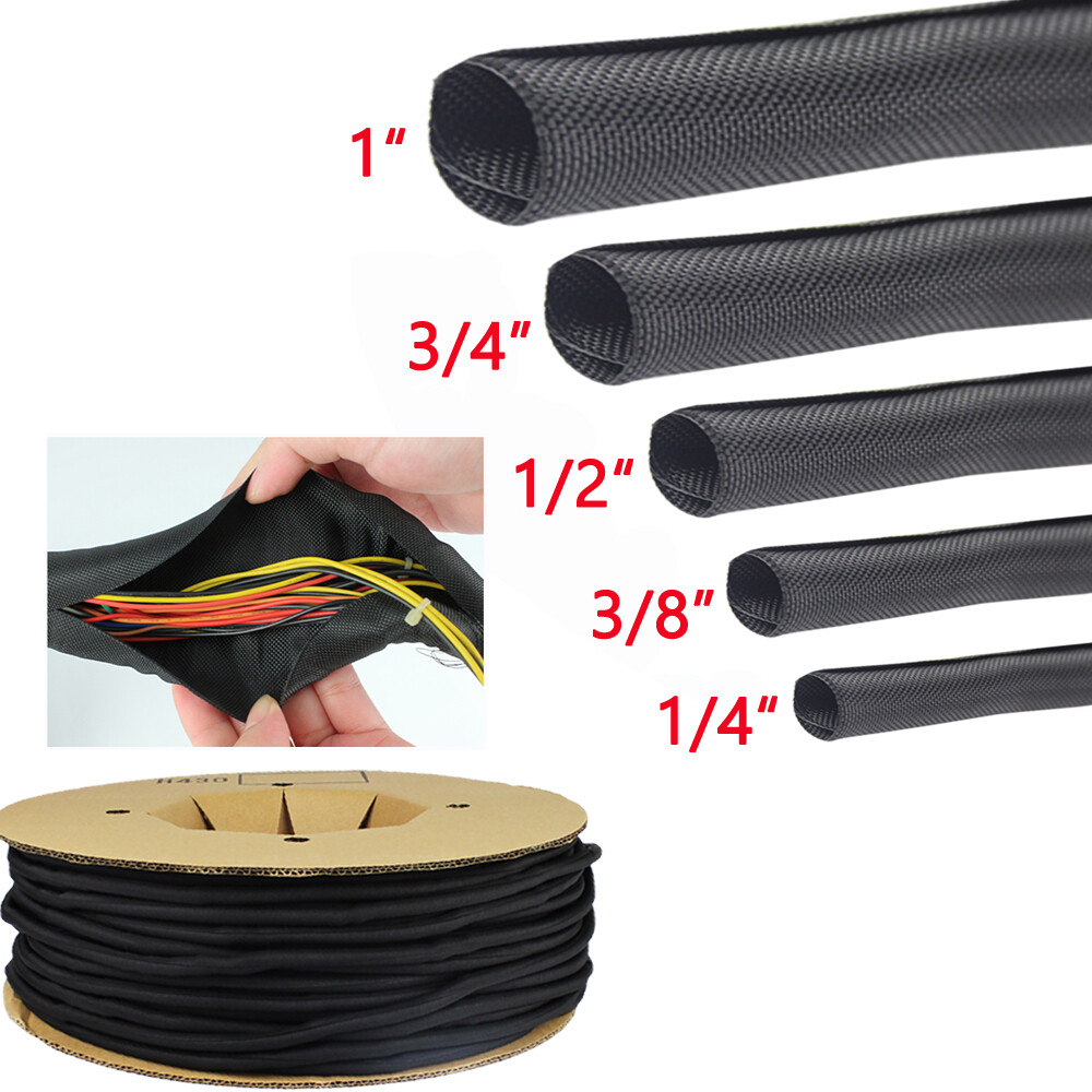 Black Braided Split Wire Loom Cable Sleeve Self-Wrapping Harness Management Lot