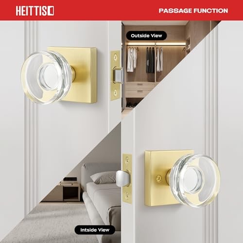 Door Knob,Round Glass Door Knobs Interior Modern Classic 1 Pack Gold Passage