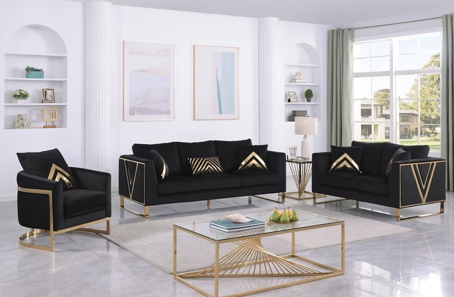 NEW 3PC Black Gold Sofa Loveseat Chair Contemporary Luxe Glam Velvet Living Room