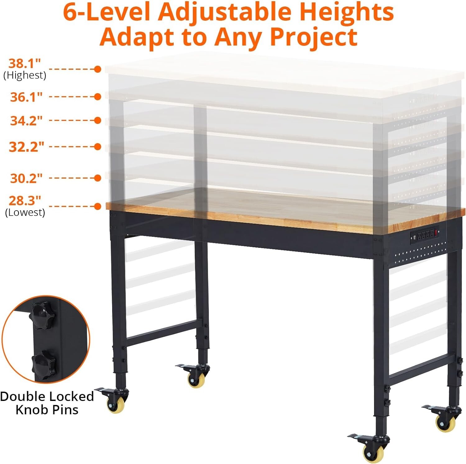 60" Adjustable Height Workbench 2000 LBS Workstation W/ 9.8FT Cable & Casters US