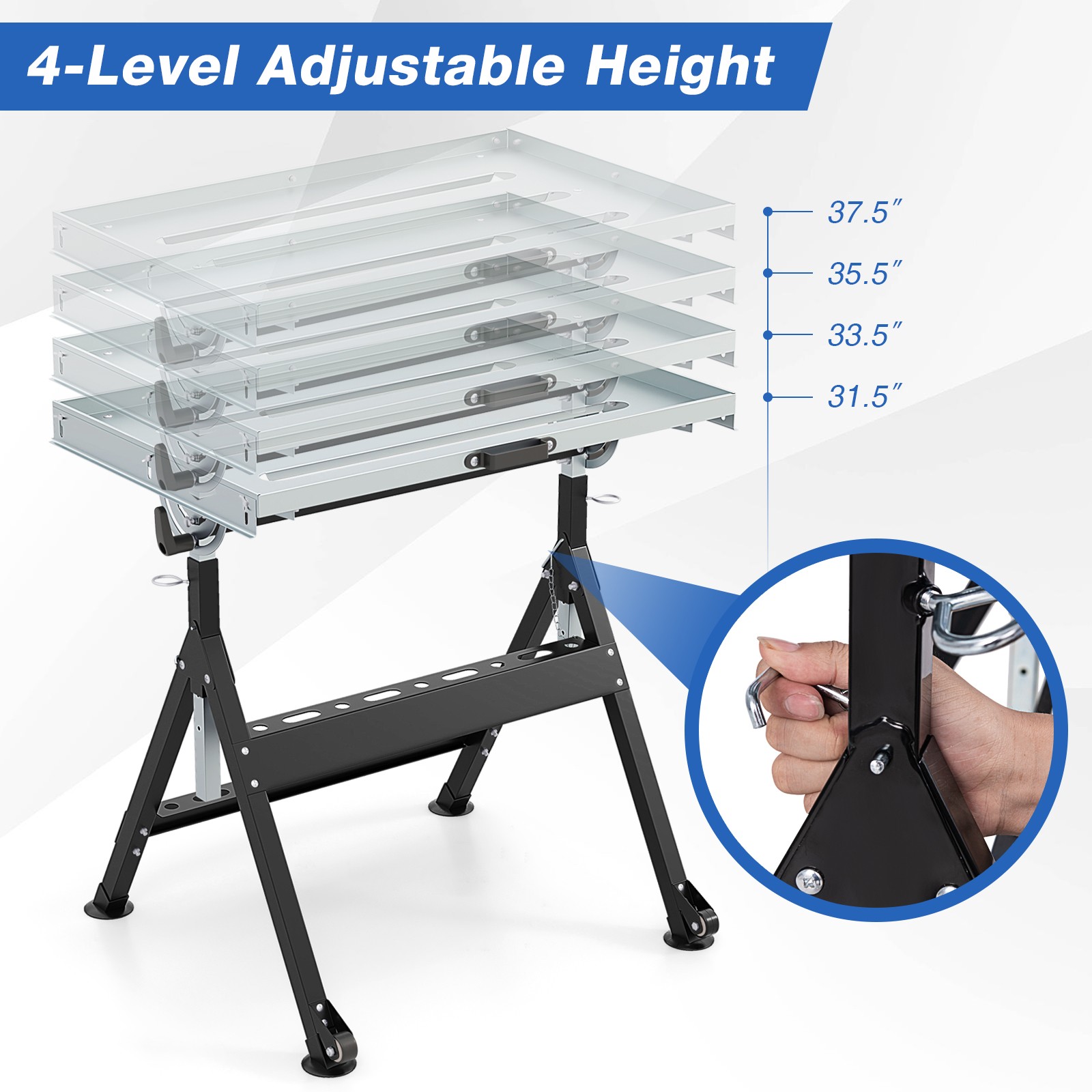 Folding Welding Table w/Tabletop 2 Fixed Wheels 4-Level Height 5 Tilting Angles