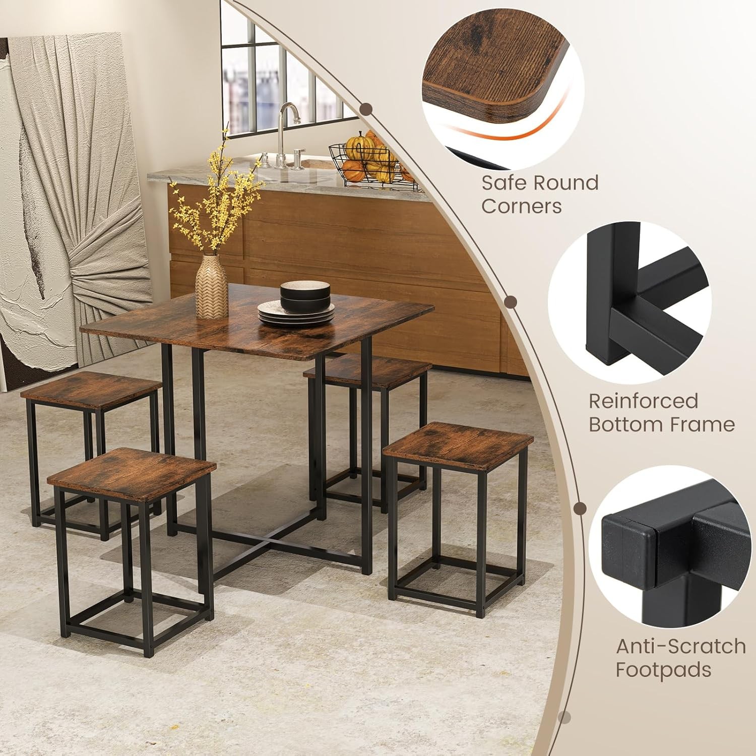 Compact Dining Table Set for 4, Small Kitchen Table Set with Square Stools and