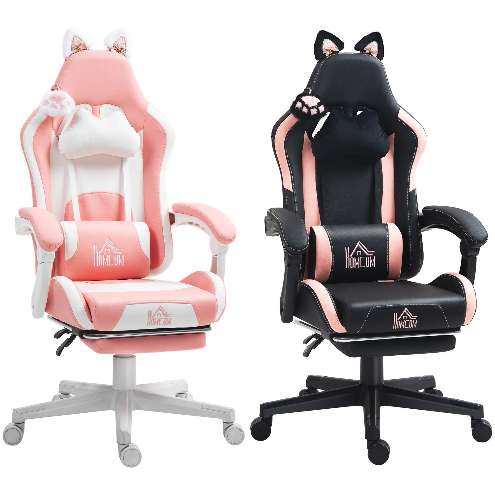 HOMCOM Cute Gaming Chair, Reclining Chair with Footrest, Head & Lumbar Pillows