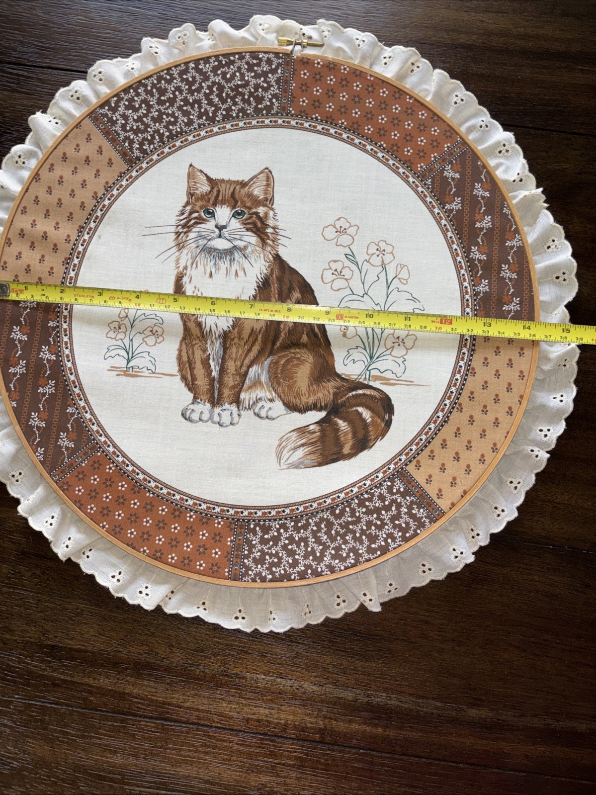 Vintage Large Embroidery Hoop Cranston Cat Print With Lace Trim. . 14.5 inches.