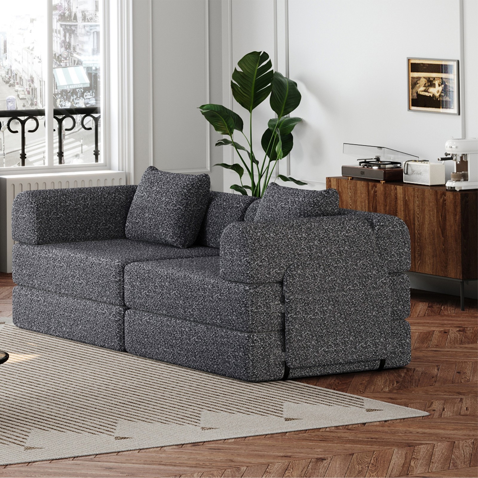 72in foldable Chenier sofa, equipped two side storage bags and two cushions Grey