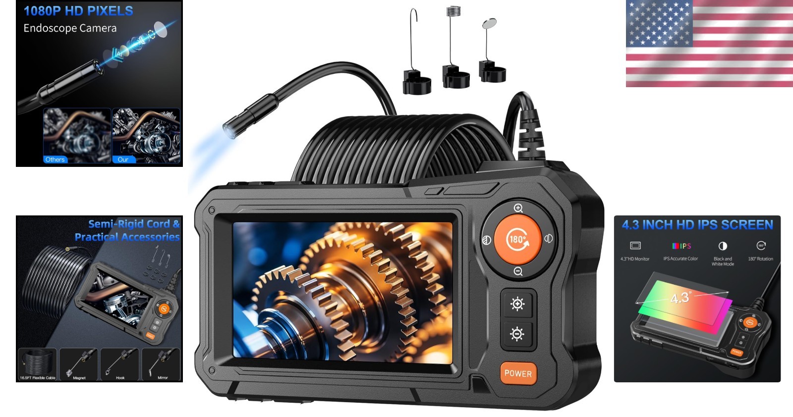 180° Rotating Endoscope with 8 Adjustable LED Lights - Perfect for Inspections