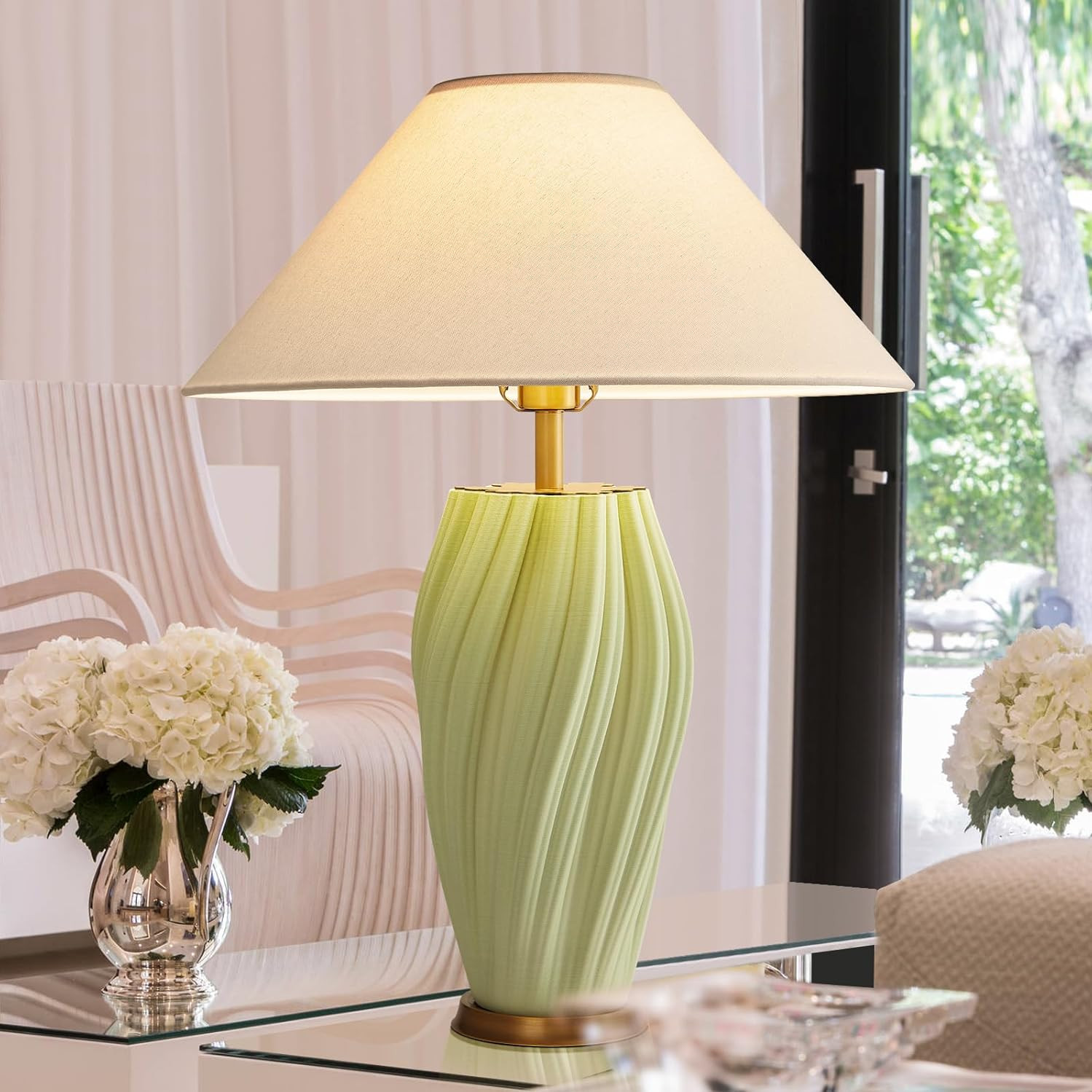 Modern E26 Ceramic Table Lamps 20.5", Sage Green Plug in Table Lamp Funky Decor