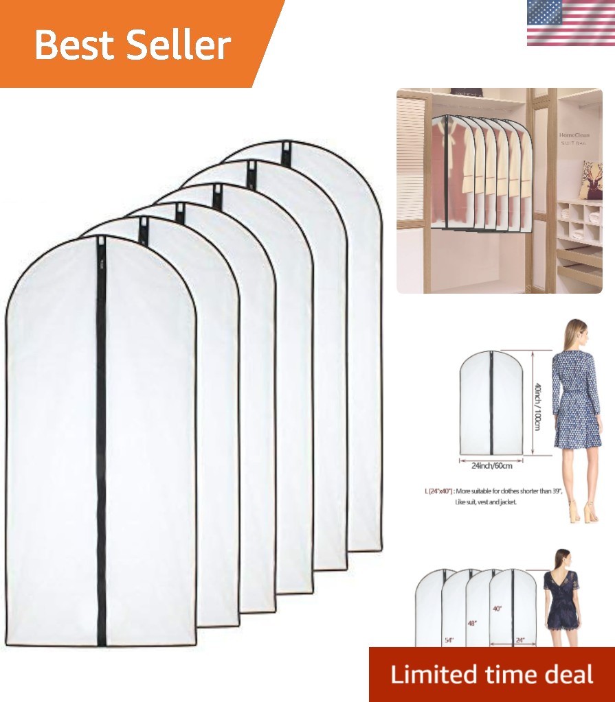 Space-Saving 6-Pack Plastic Garment Bags with High-Quality Zippers - 24" x 40"