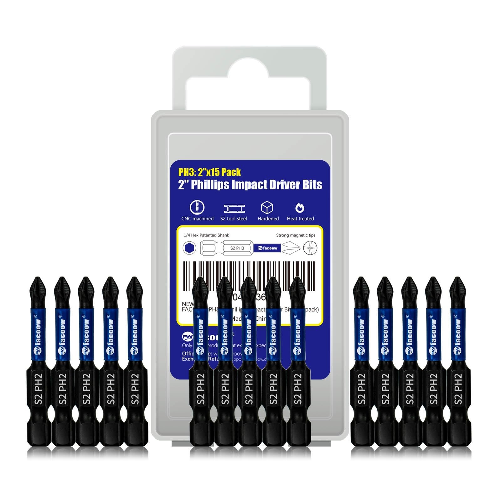 Facoow 15Pack Phillips Bits #2 Impact, AntiSlip 2Inch Magnetic Phillips Head ...
