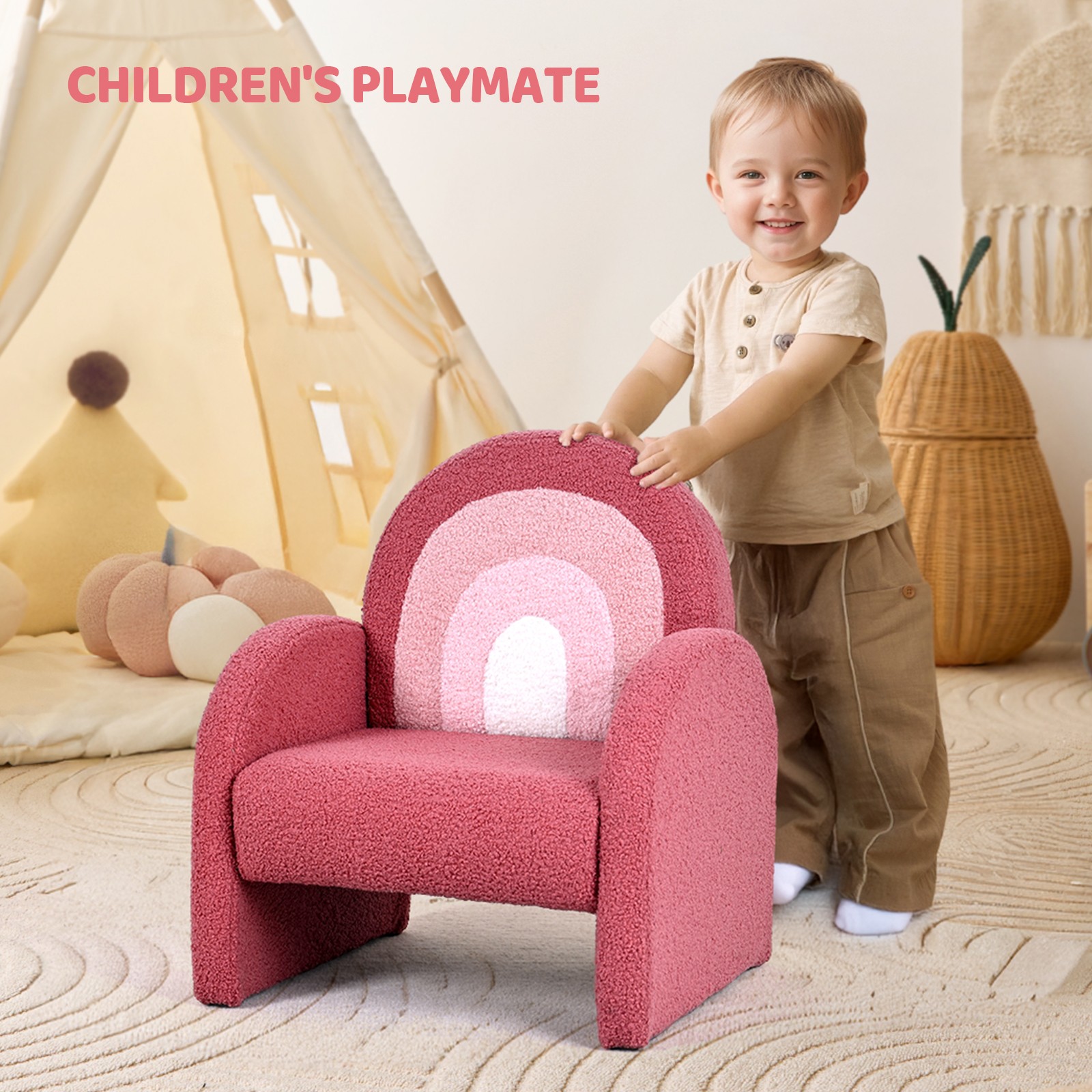 Red/Green/White Teddy Fleece Kids Chair w/ Solid Wood Legs Anti-Tip Toddler Sofa