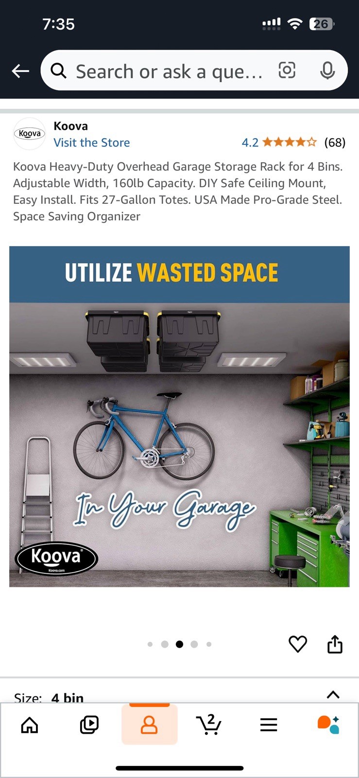 New In Box 4 Bin Koova Ceiling Storage Rack
