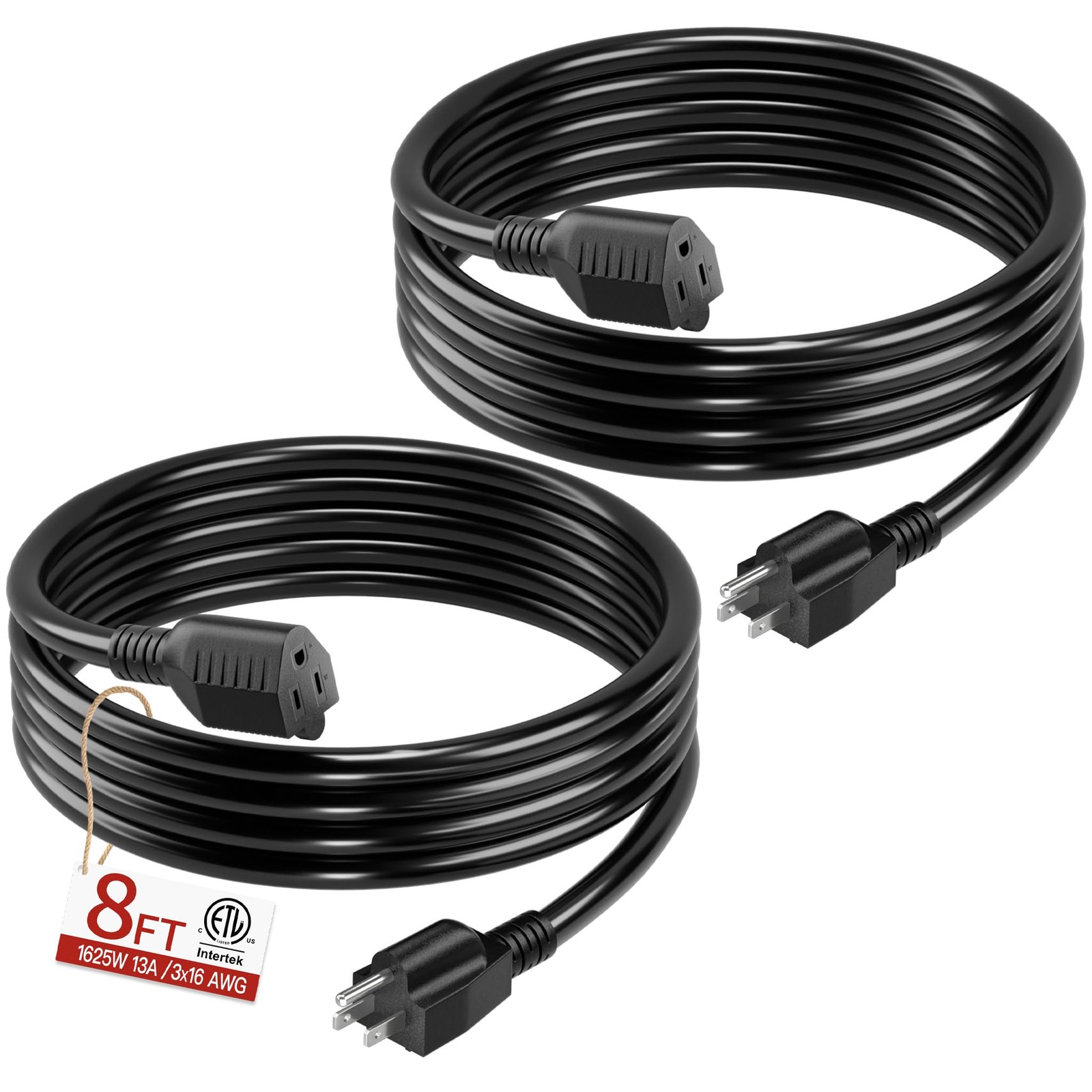 16/3 Short Extension Cord 8 FT 2 Pack, Black Extension Cord Flexible & Durabl...