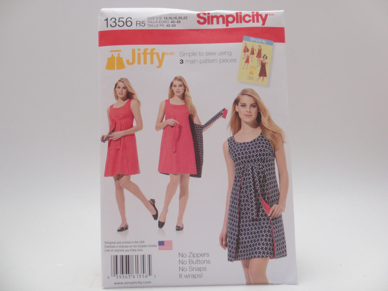 Simplicity 1356, Jiffy 3 Main Pattern Pieces Reversible Wrap Dress Retro Pattern