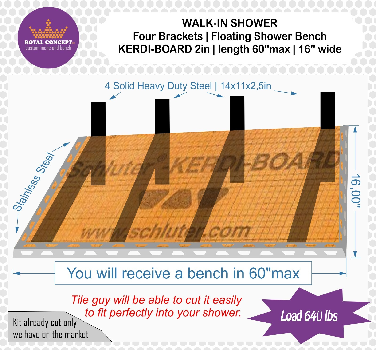 WALK-IN SHOWER 4 Brackets | Floating Shower Bench KERDI-BOARD 2''| L 60 x W16 in