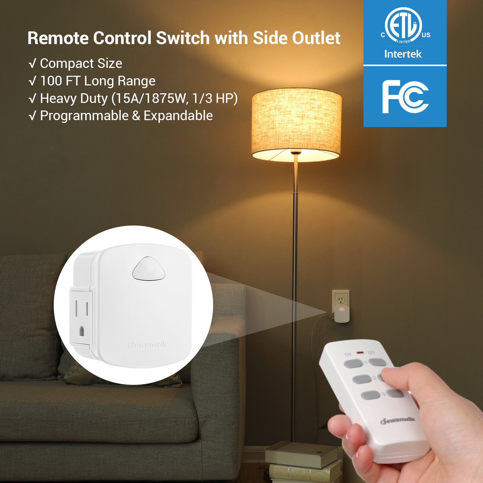 DEWENWILS Indoor Remote Control Outlet, 15A/1875W, 100 FT Long Range, Compact