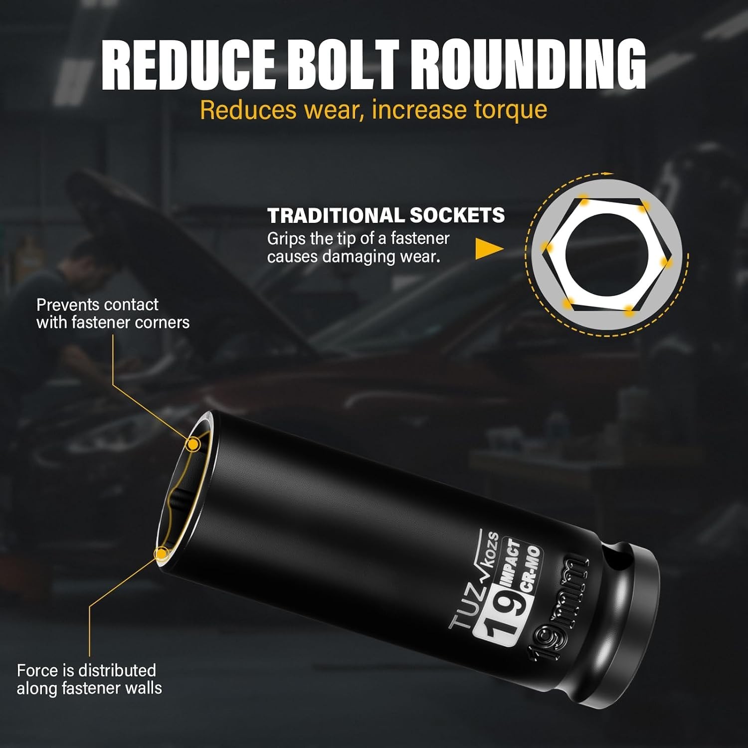 19mm Deep CR-MO Impact Socket - 1/2 Inch Drive 6-Point Design for Maximum Grip
