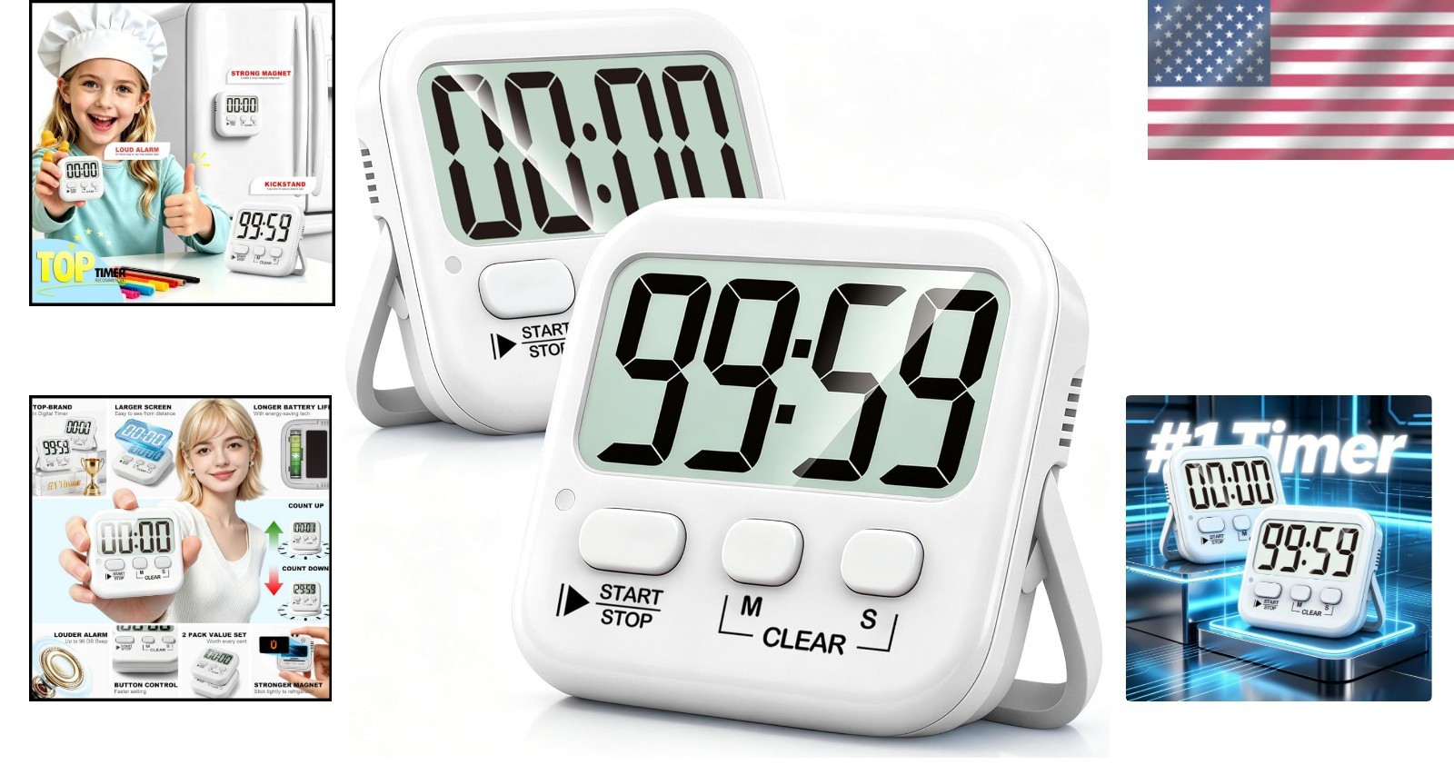 Dual Pack Digital Countdown Timers with Large Screen for Home & Classroom