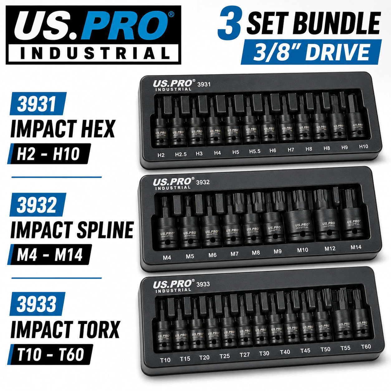 US PRO 31pc Impact Hex Torx Spline Bit Socket Set 3/8 Drive Short Reach Sockets