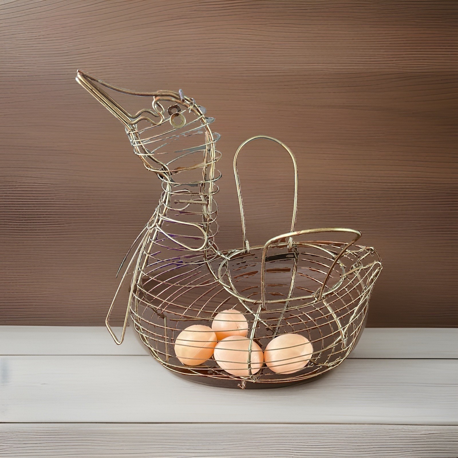 Vintage Egg Holder Wire Basket Hen Chicken Bird Metal Handles Goose Gold Granny