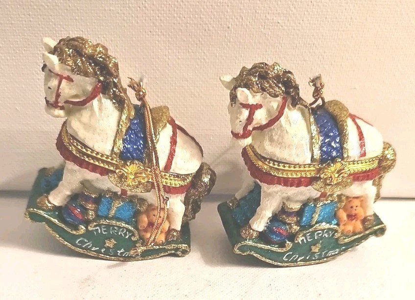 Keepsake Boxes Rocking Horses Hand Painted Christmas Glitter Ornaments 2 In Set