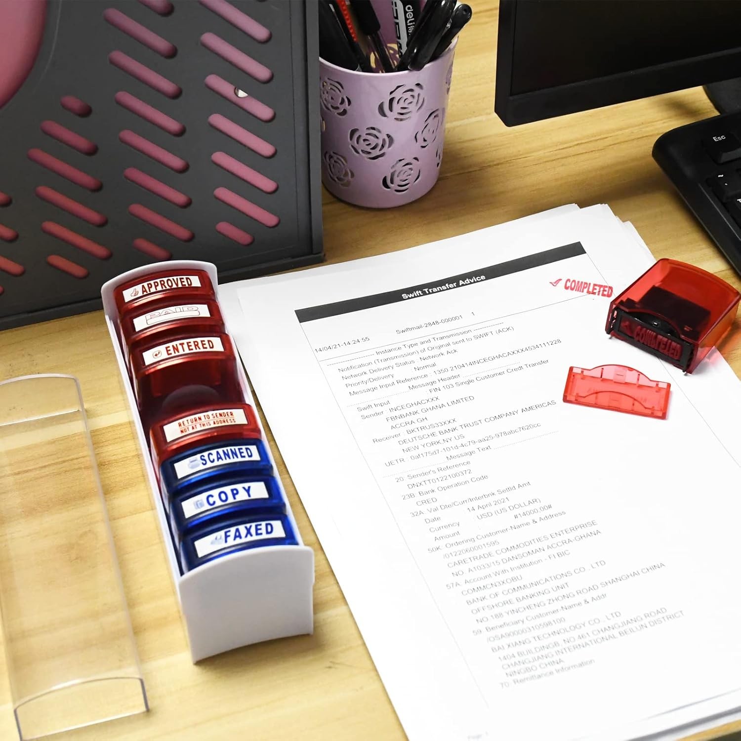 Self Inking Office Stamp Set for Approved Paid Completed Copy Faxed