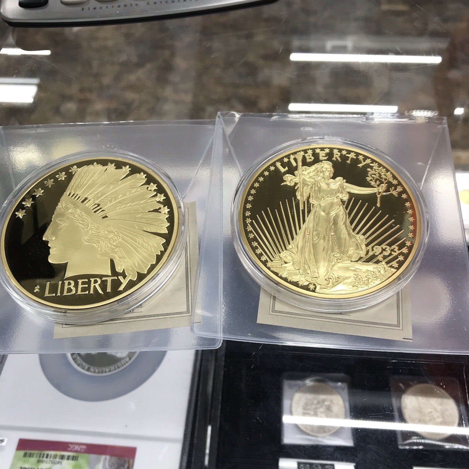 2 Large Saint Gaudens Liberties 70mm Copper Gold Plated $20 Proofs