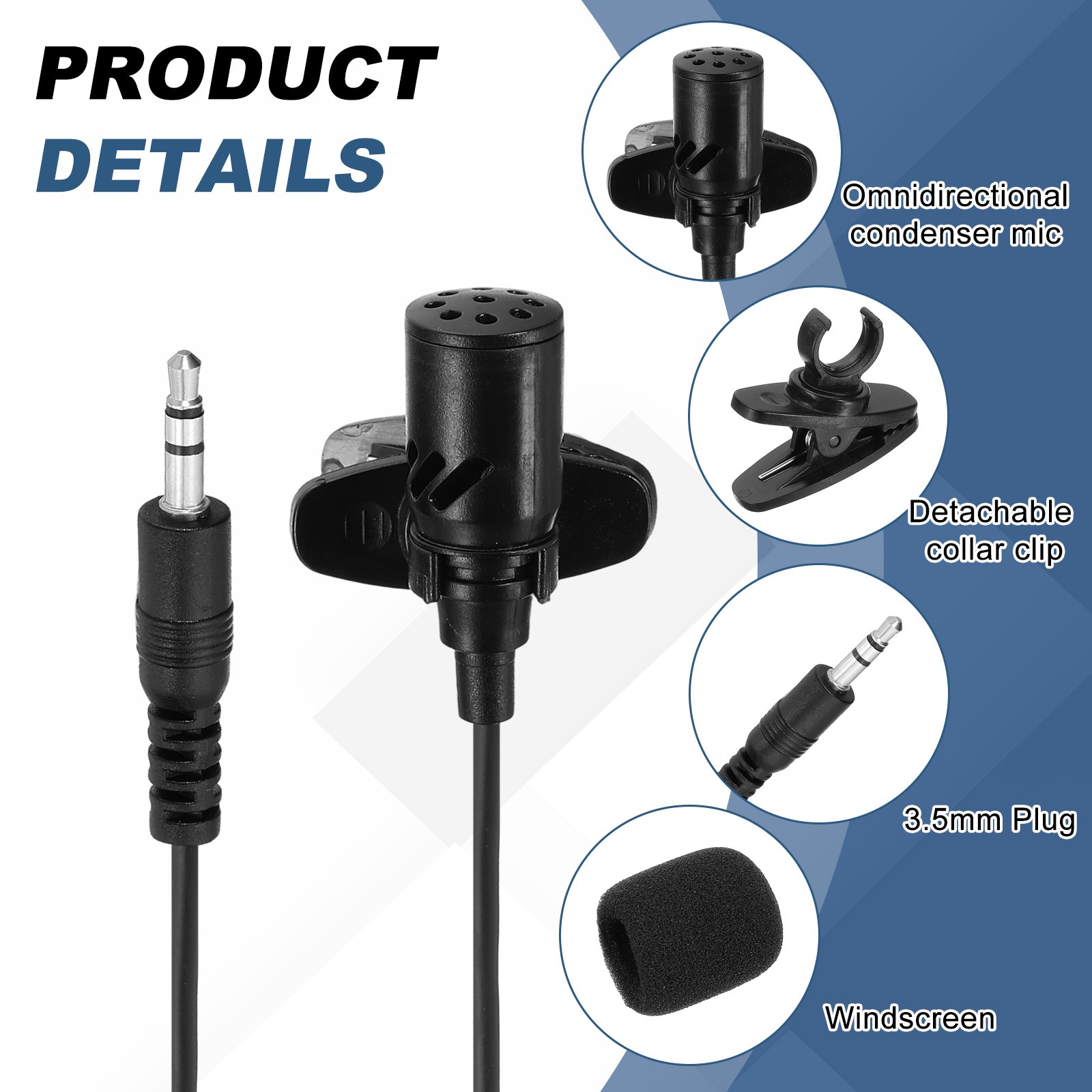 Lavalier Lapel Microphone, Straight Stereo 3-Pole, 1.5m Wired Omnidirectional