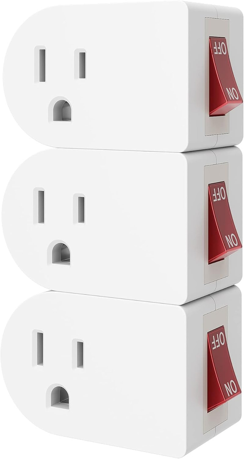 Oviitech 3 Pack Grounded Outlet Wall Tap Adapter with On/Off Power Switch，Single