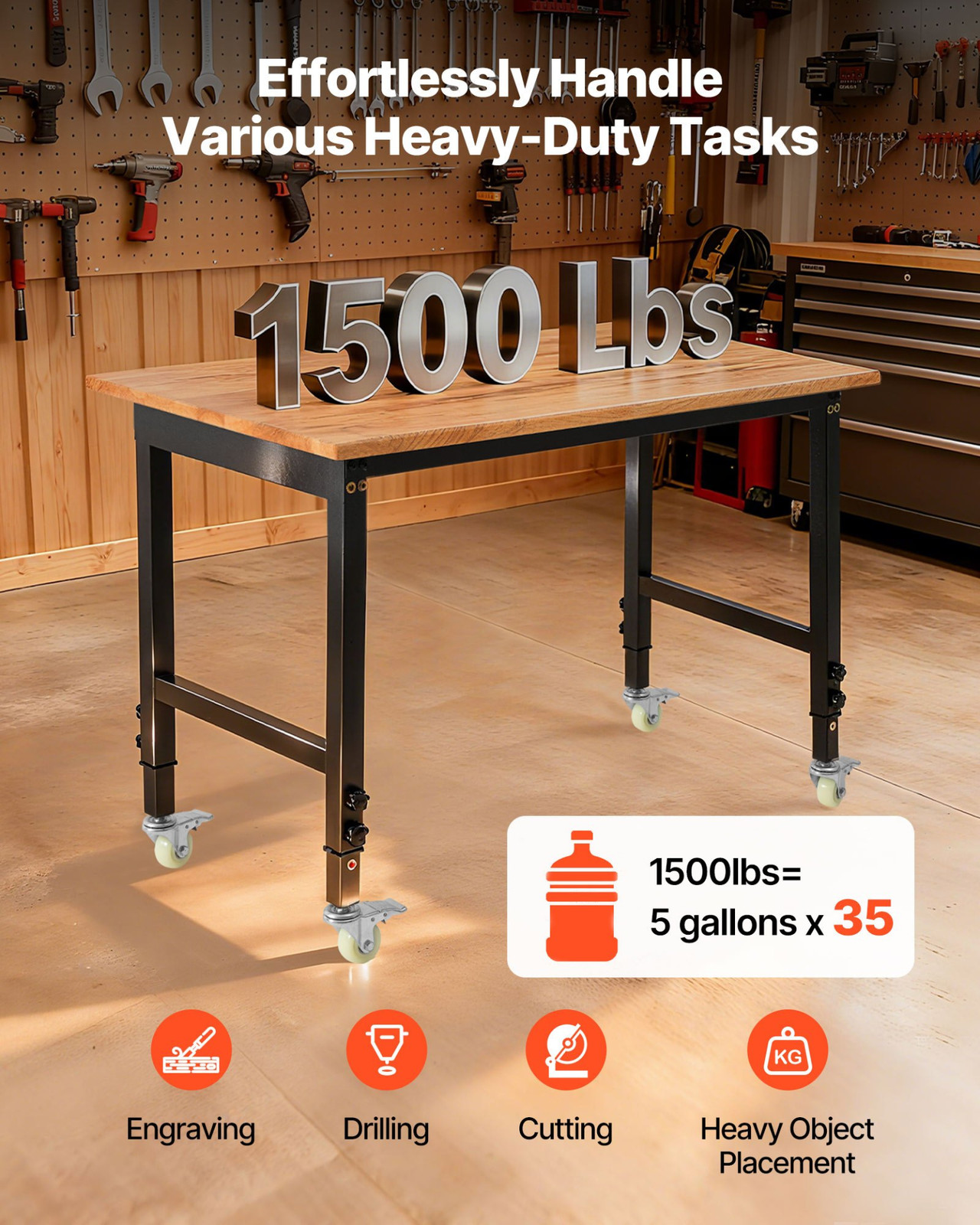 48x24" Adjustable Workbench on Wheels 1500 lb Oak Top Work Table Garage