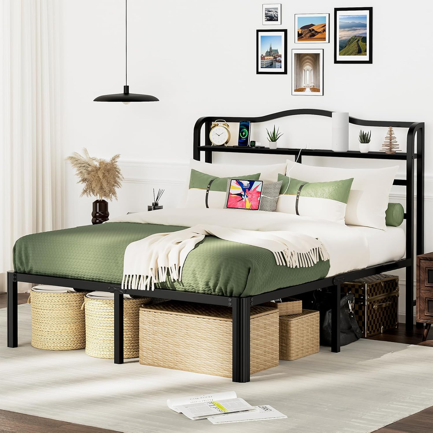 Full Size Bed Frame with Headboard 18 Inch Tall Bed Frames with Storage & Chargi