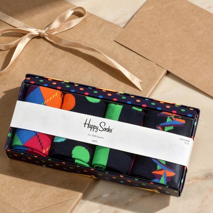 Happy Socks Men 4-Pack Gift Set Origami Argyle Dots Stripes 10-13 Navy Multi