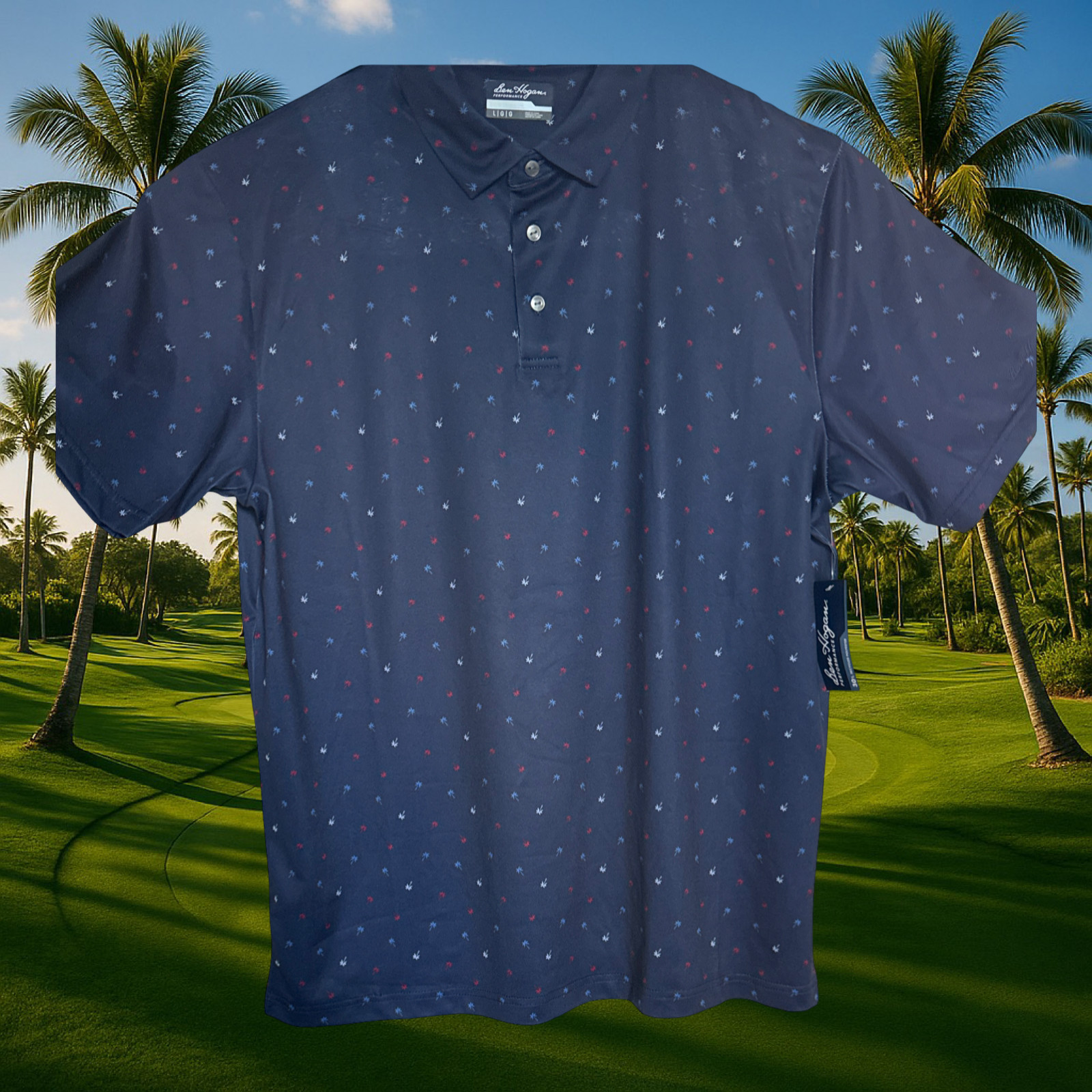 Ben Hogan Performance Polo 2XL Navy W Palm Trees 3 Button Polo