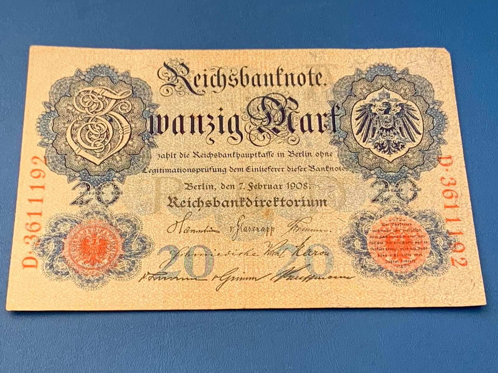 WWI ERA. BERLIN MINT. 19/2/14, TWENTY MARK NOTE -:- IN CIRCULATED CONDITION.