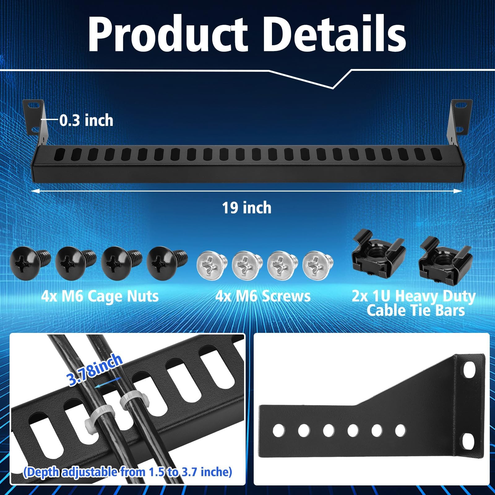 1U 19 Inch Rack Mount Cable Management Horizontal Bracket Lacing Bar 2 PCS