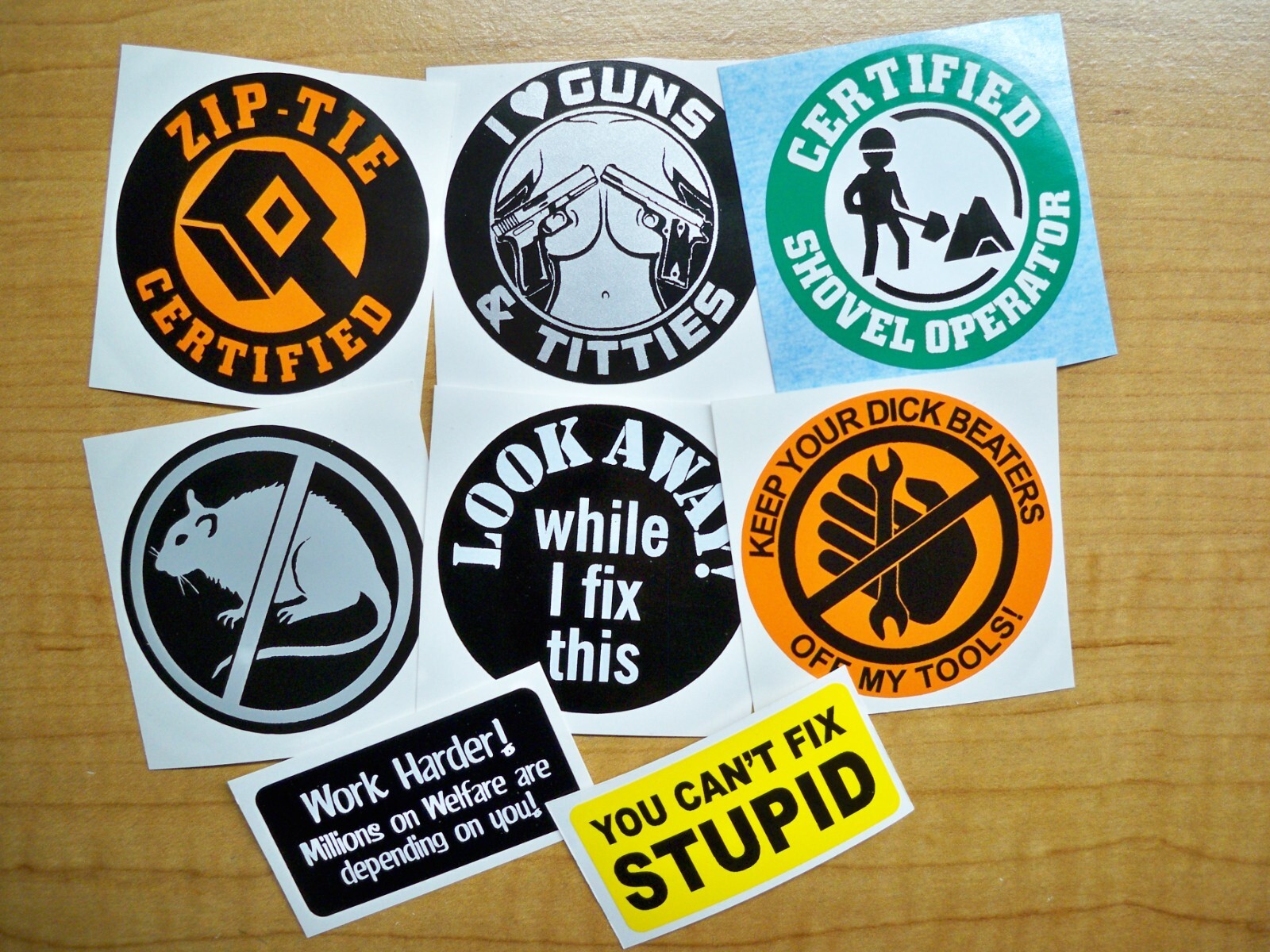 8-pack Funny Hard Hat Stickers Decals Zip Tie Certified Shovel Operator no Rats