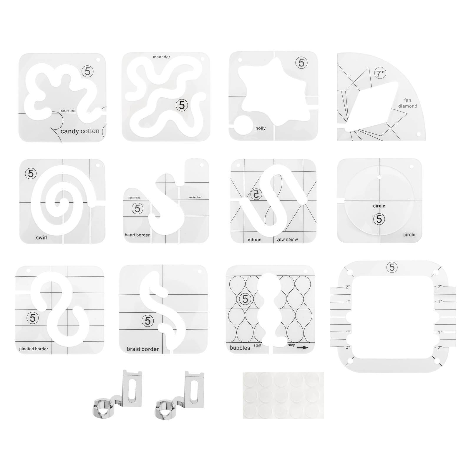12 Pcs Acrylic Free Motion Quilting Rulers Templates with 2 Pcs High Shank Ruler