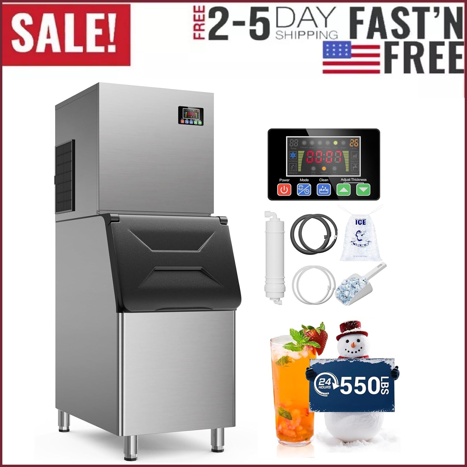 Commercial ice Machines 550Lbs/24H Ice Maker Machine,400Lbs Large Storage